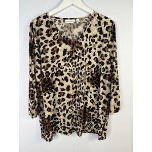 SUSAN GRAVER Womens V-Neck Top Sz XL Animal Cheetah Print 3/4 Sleeve Mob Wife